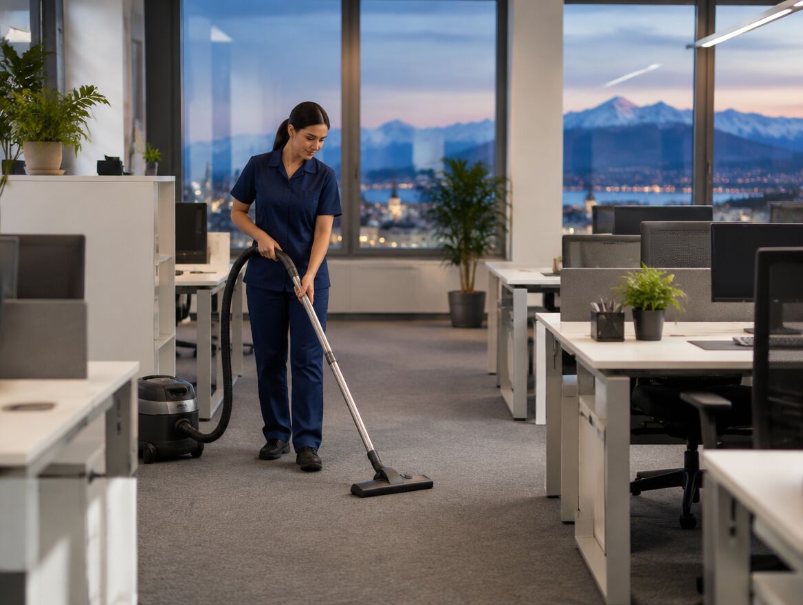 Unterhaltsreinigung: Reinigungskraft saugt ein modernes Büro in Basel